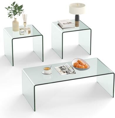 Costway Tempered Glass Coffee Table Set of 3 with 1 Clear Coffee Table and 2 End Tables