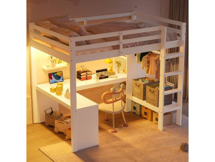 Lit Mezzanine 2 Place avec USB et LED Lit Enfant 140x200 avec étagères Multifonctions et Bureau sous Blanc (Sans Matelas)