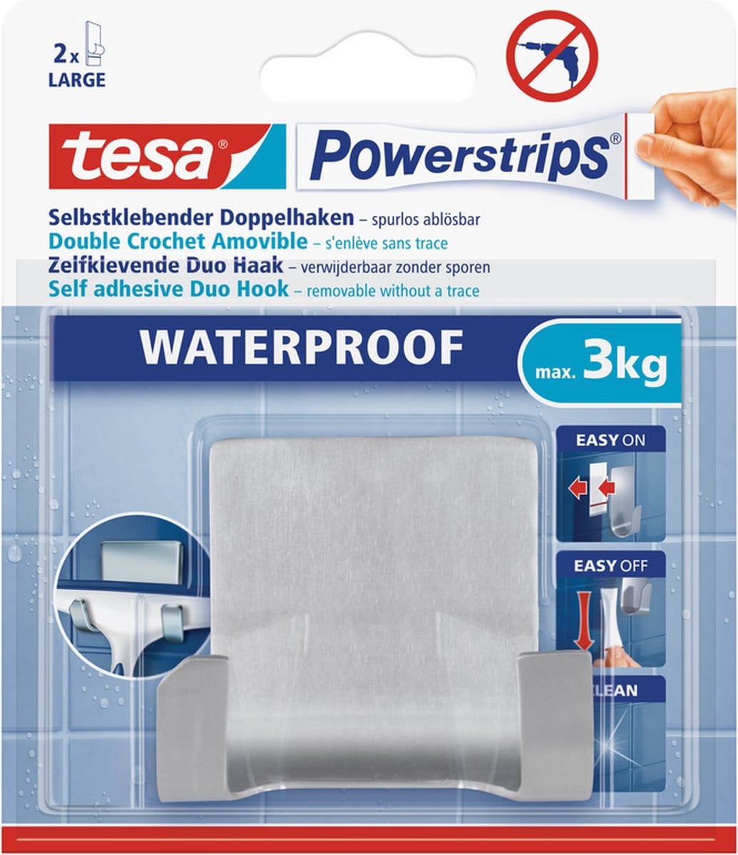 Tesa Powerstrips Dubbele ophanghaak - RVS - Waterproof - 2 stuks