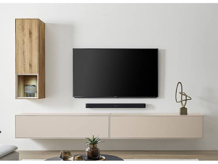 Wohnwand III 280cm 'Locarno' Wildeiche massiv & MDF creme inkl.Beleuchtung