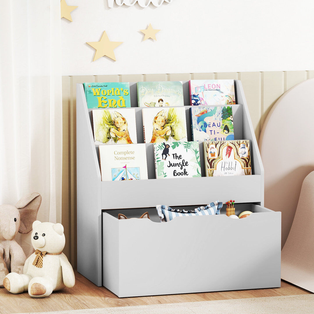 Isabelle & Max AIYAPLAY Kids Bookcase w/ 3 Tier Shelves, Drawer, for Bedroom, Nursery Grey 70cm H X 62.5cm W X 30cm D