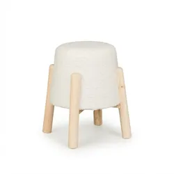 Relaxdays Sitzhocker, Teddyfell, Holzbeine, HxD: 40 x 30 cm, Wohnzimmer, Schlafzimmer, runder Polsterhocker, weiß/natur