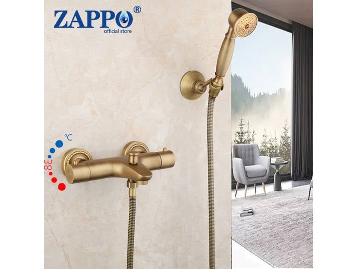 ZAPPO – ensemble de douche thermostatique de salle de bains en laiton Antique avec douchette à main à pluie, ensemble de robinet mélangeur de baignoire-douche mural