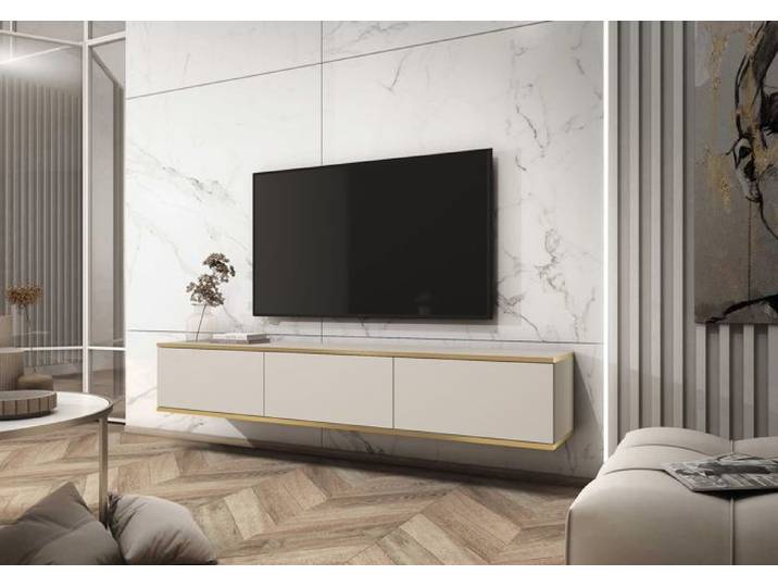 Meuble TV - MUCALMA - 175 cm - beige avec inserts dorés