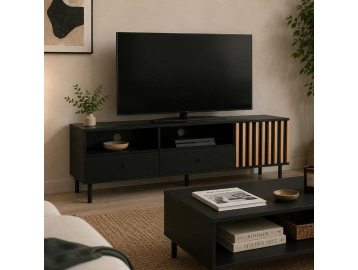 Meuble Tv Noir Décor Bois 1 Porte 2 Tiroirs Noren