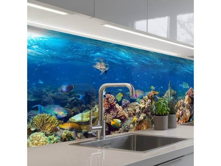 KitchenYeah© Spritzschutz Küche Küchen Rückwand Küchendeko Wand Wandschutz 60x250 cm - Selbstklebend Backsplash Kitchen Peel And Stick Unterwasserlandschaft - Fische - Schildkröte - Blau