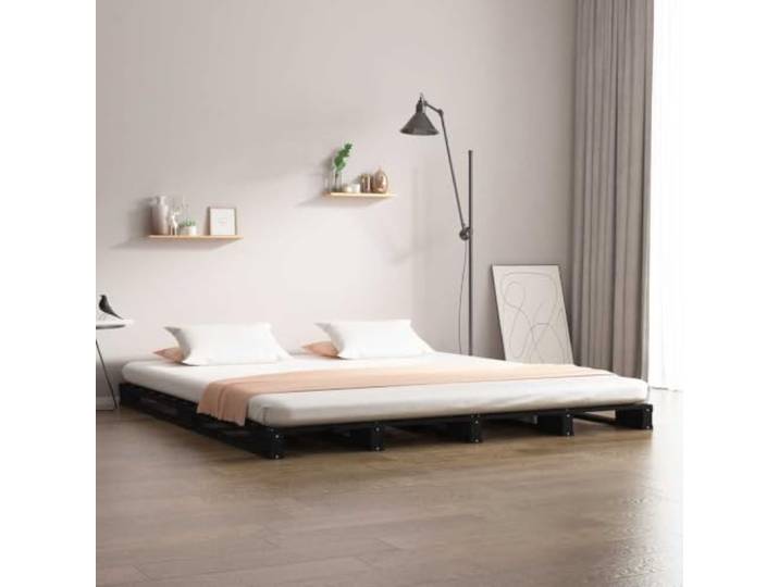 RJPLMFV Palettenbett, Schwarz, 140 x 190 cm, Massivholz, Kiefer Ohne Matratze, robuster Rahmen, inklusive Latten, rustikales Design, Montageanleitung (evtl. nicht in deutscher Sprache)