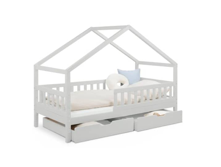 Ehrenkind® Panorama Hausbett Lille 90x200 cm aus Kiefer Massivholz FSC®-Zertifiziert 2-in-1 Kinderbett mit Dachgiebel & Schubladen Hellgrau