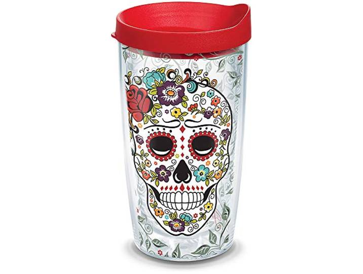 Tervis Fiesta-Skull and Flowers Thermobecher mit Umwicklung und rotem Deckel, 473 ml, transparent