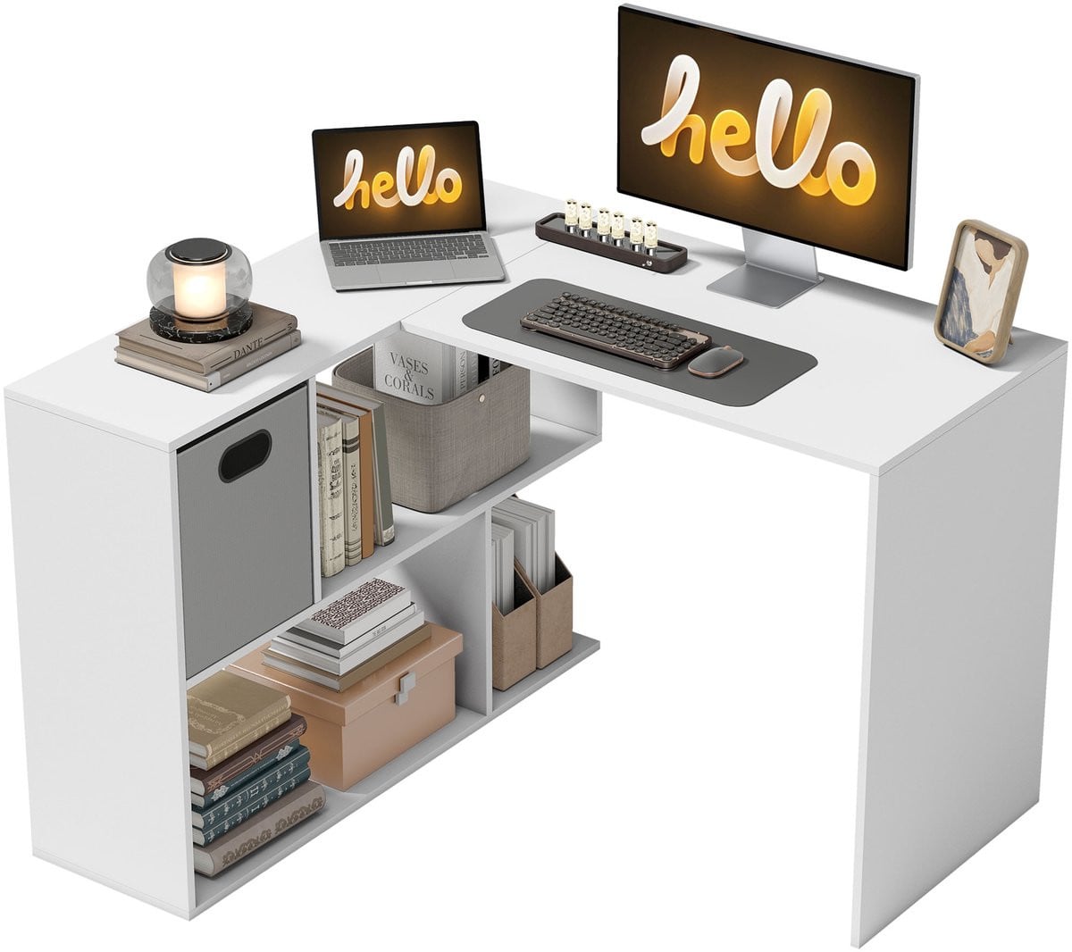 HOMCOM L-vormig computerbureau voor volwassenen - Wit - B: 110 cm, D: 100 cm, H: 75 cm