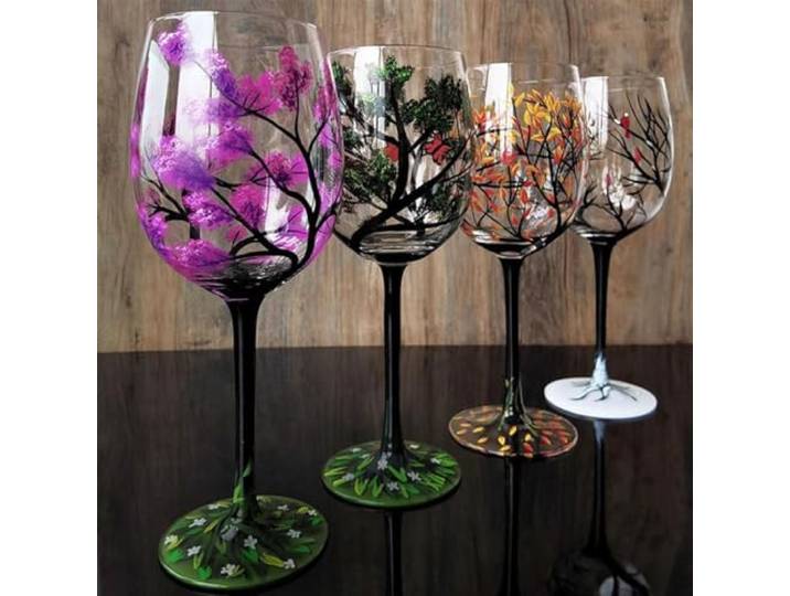 Vier-jahreszeiten-baum-weingläser – Handbemaltes Kunst-weinglas, Frühling, Sommer, Winter, Herbst, Farbig Bemalte Glaswaren, Dekoratives Weingläser-set, Einzigartiges Einweihungsgeschenk(Color:B)