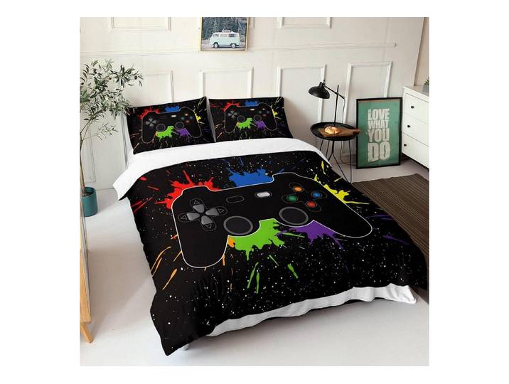 LuxusKollektion Jugendbettwäsche Bettwäsche Kinder Gamepad 200x200cm 2x80x80cm Schwarz