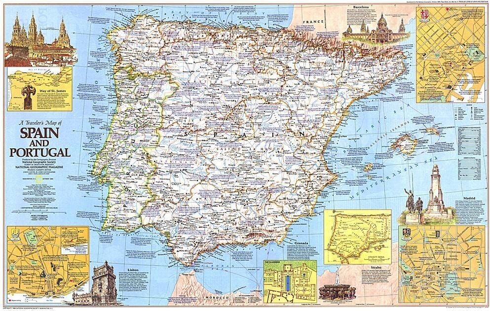National Geographic Historic POD 1984 Carte de voyage de l'Espagne et du Portugal
