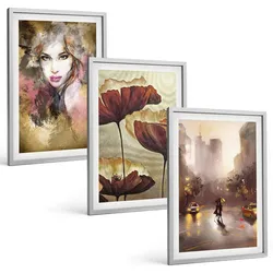 BILDER SET 3er Set - 40x60 cm Silberner Rahmen - Abstraktes Porträt einer Frau mit Blumen und Regen