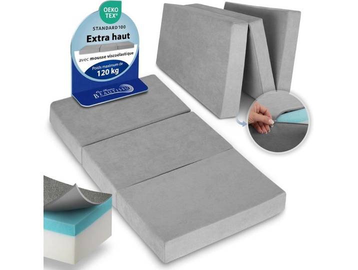 Beautissu Premium L Matelas Pliable 140x200 cm Gris – Matelas Pliant Extra Épaisse Degré Fermeté H3 & Housse Lavable