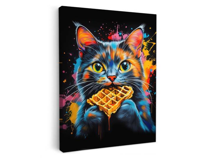 LEINWANDBILD Katze - Graffiti - Bunt - Waffel - Essen Wandbild Wohnzimmer 60x80 cm