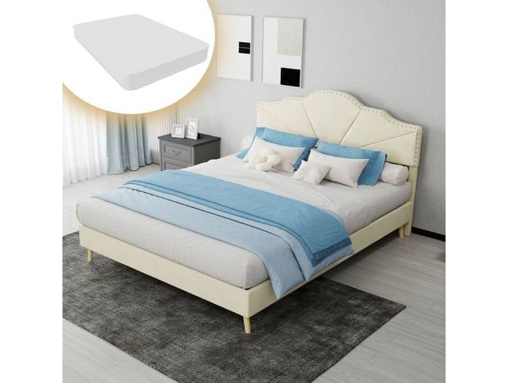 Cadre de lit - SOGEU - Cadre de Lit bas - 140 x 200 cm - Tête de lit rembourrée beige - Matelas inclus