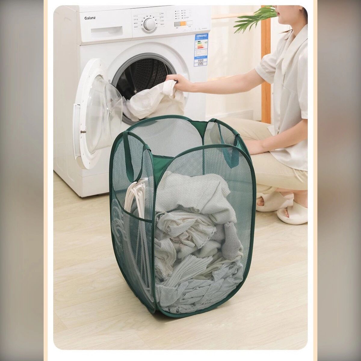 INF Mesh-Wäschekorb - Atmungsaktives Nylon, Faltbar mit Griffen, 34cm x 34cm x 58cm Weiß