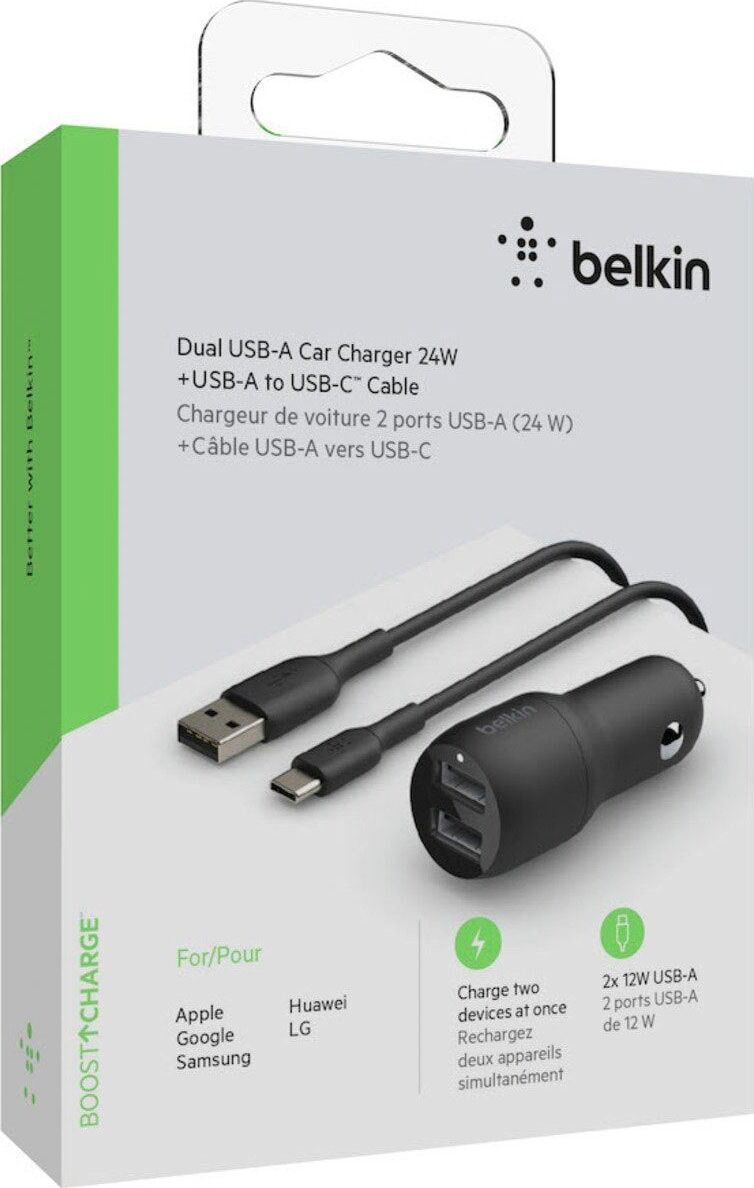 Belkin USB-Ladegerät "Dual USB-A Kfz-Ladegerät incl. USB-C Kabel 1m 24W", schwarz, Ladegeräte, USB-Ladegerät