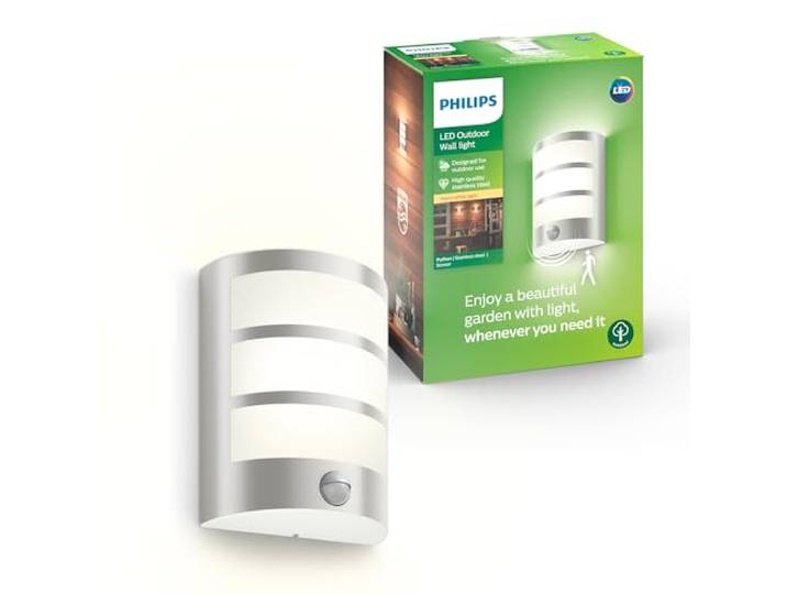 PHILIPS LED\, Applique Murale LED Python +Détecteur\, 700lm\, Inox Applique Extérieure\, LED Intégrée Blanc Chaud 2700K\, IP44 Résiste aux intempéries\, 6W\, Avec Détecteur de mouvement Infrarouge