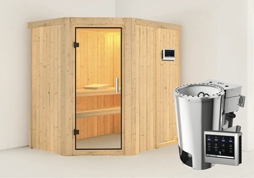 Plug & Play Sauna Karibu Laja inkl. 3,6 kW Ofen u.ext.Steuerung ohne Dachkranz mit Ganzglastüre aus Klarglas