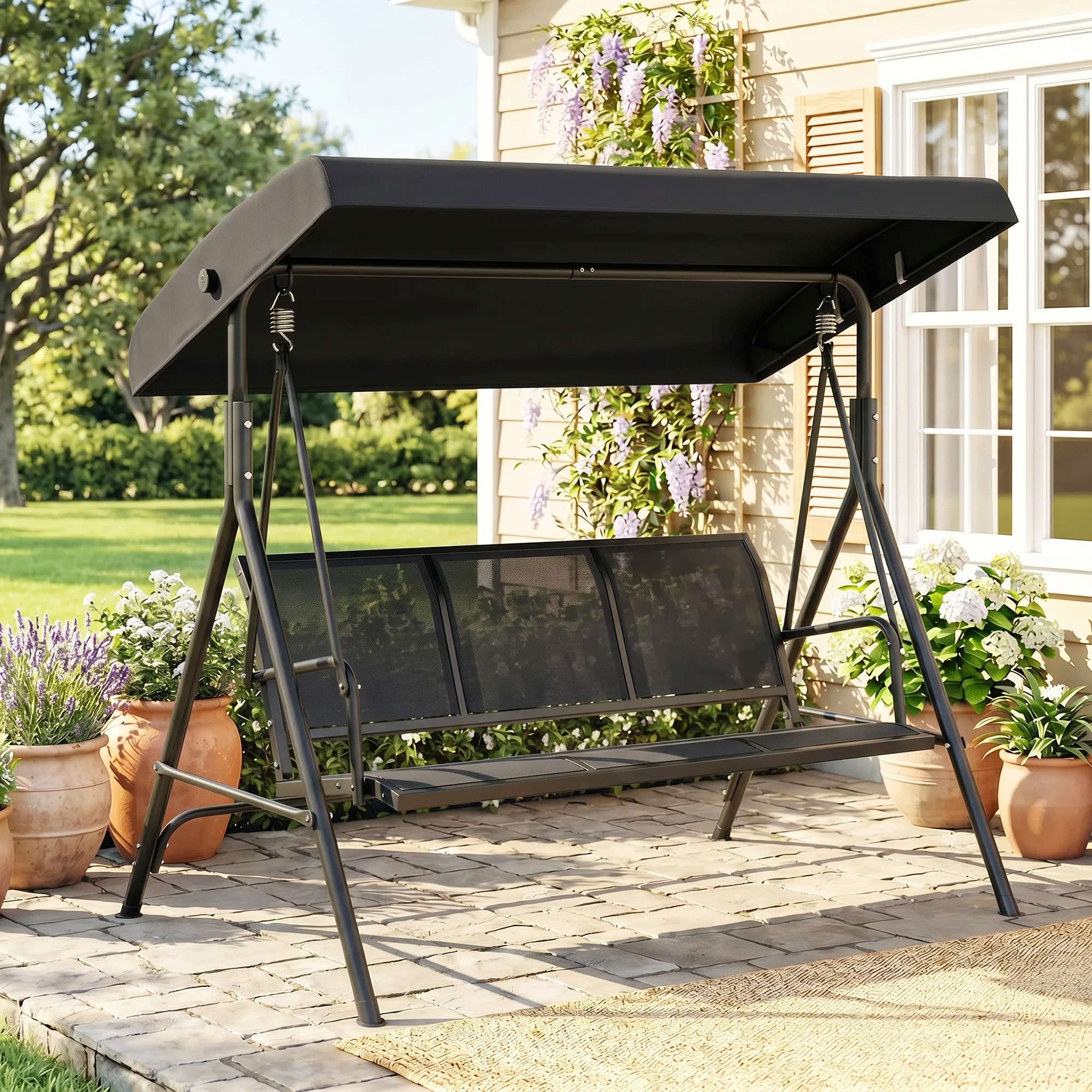 Outsunny Dondolo da Giardino a 3 Posti con Tettuccio, Seduta Traspirante e Telaio in Acciaio, Nero   Aosom Italy