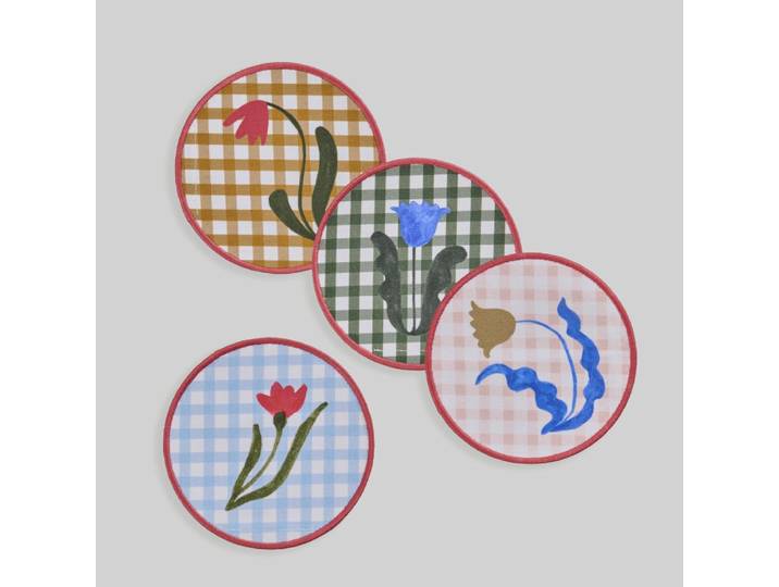 Untersetzer aus Bio-Baumwolle mit mehrfarbigen Karo- und Blumenmustern (4 Stück)