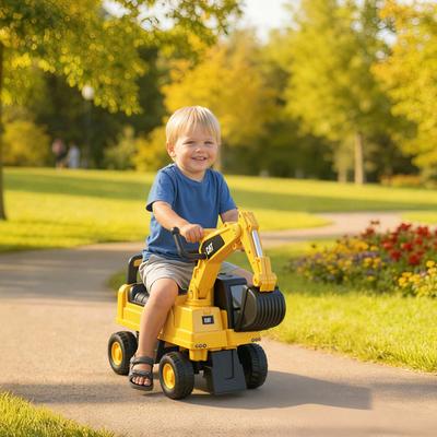 Homcom Aosom CAT Licensed Kids Excavator Ride-On Toy, Manual Pedal, Shovel, Horn, Storage, Yellow