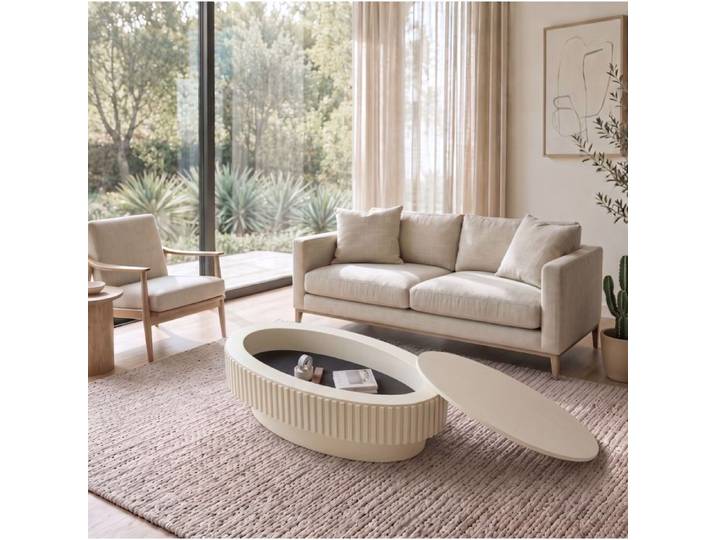 COVREO Table basse ovale 98 cm avec rangement caché design cannelé placage bois et MDF finition crème