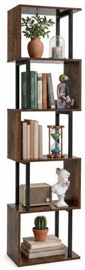Costway 5-Tier S-Shaped Bookshelf w/ Open Cubes & Anti-toppling Kits for Living Room-Rustic Brown