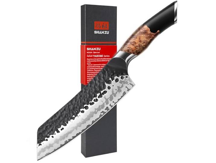 SHAN ZU Japanisches Santokumesser, 20 cm Handgeschmiedetes 7 Schichten Hochwertigem Carbon Stahl Scharf Kochmesser mit Ahornholzgriff, Profi Messer Gyuto Fleischmesser