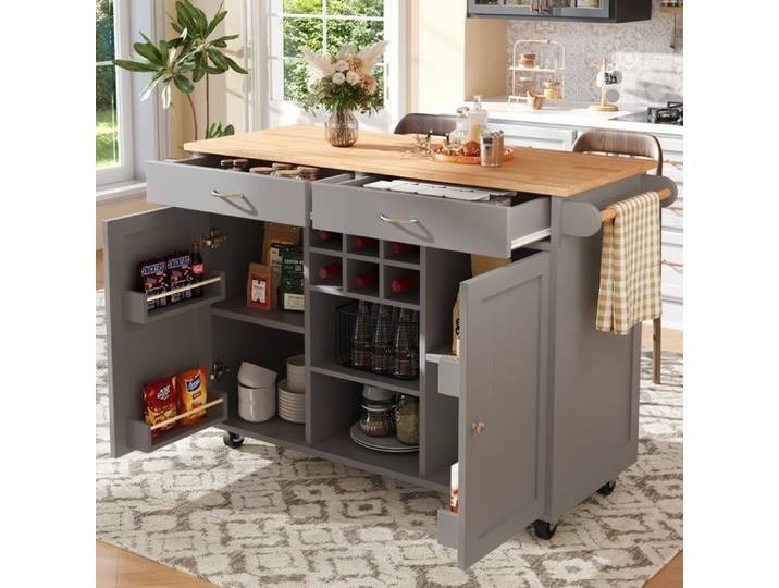 Armoire de Cuisine Multi Îlot de Cuisine Moderne Buffet de Cuisine sur roulettes Chariot de Service 102x45x92cm Gris