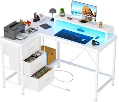 Garvee L Shaped Desk with Power Outlets & LED Lights