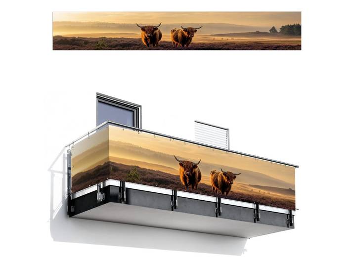 MuchoWow Balkon-Sichtschutz Schottische Hochlandbewohner - Heide - Landschaft - Tiere, Cognac, Kunststoff, Rechteckig, 500x75 cm, Sonnenschutz, Sichtschutz