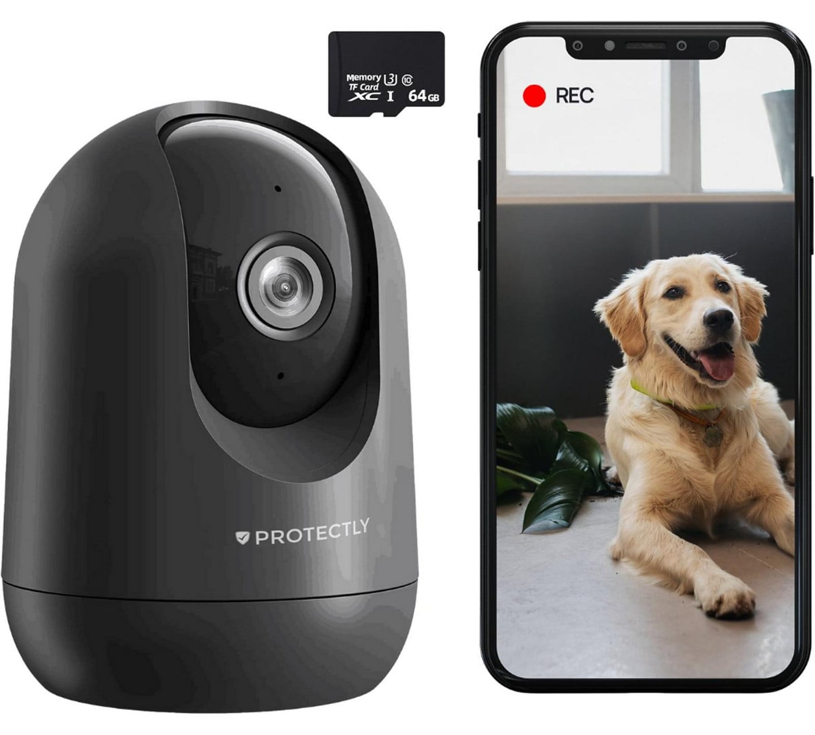 Protectly Beveiligingscamera Binnen - Petcam met App - 2K 3MP Ultra HD - Bewegings- en geluidsdetectie - Zwart