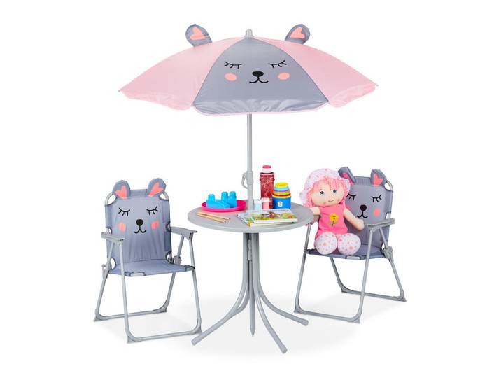 Relaxdays Kindersitzgruppe Mehrfarbig 4-tlg.-Set mit Schirm, Grau, Metall, Textil, Kunststoff, Freizeit & Co, Outdoor-Spielzeug, Spielhaus