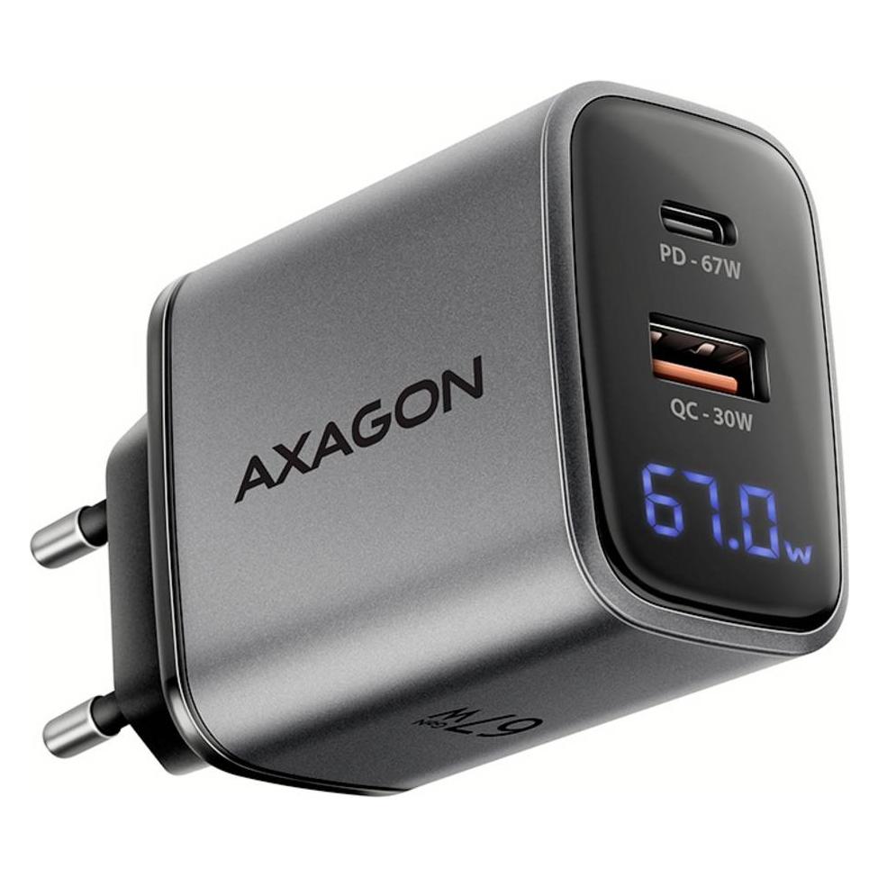 Axagon ACU-PQ67D, GaN nabíječka do sítě 67W, výstup USB-A + USB-C, PD3.0/PPS/QC4+/SFC2.0/Apple, LCD (67 W, 2 Ports) (ACU-PQ67D)