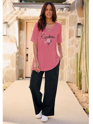 Plus Size Women's Plus Size Lace-Up V-Neck Short Sleeve Print Tunic by Roaman's in Shadow Rose Kindness (Size 30/32)