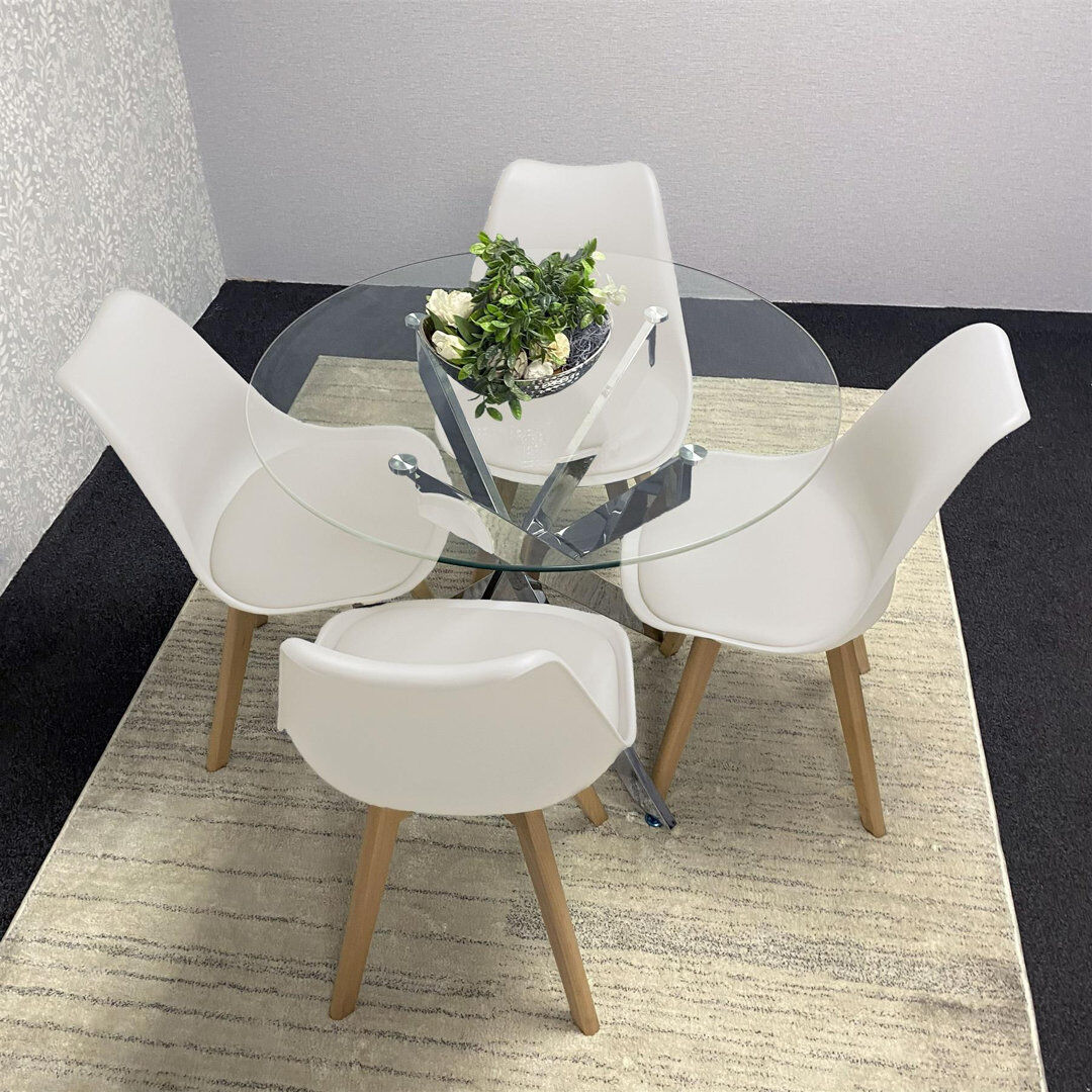 KOSY KOALA Round Glass Dining Table with Velvet Chairs - Dining Kitchen Room Furniture Cream 4