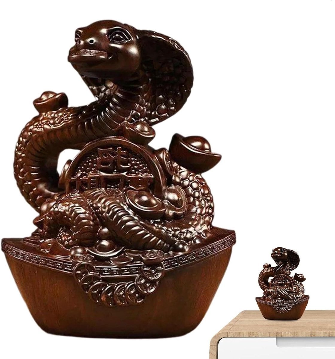 Houten Slangenbeeld Chinese Decoratie Houtkleur Hoogte: 12 cm