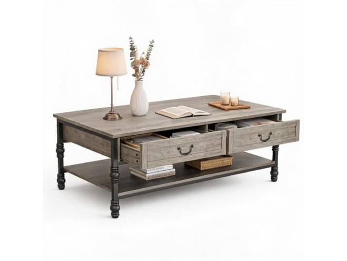 Litake 41 Rustikaler Holz-Couchtisch mit 2 Schubladen & Ablage Grey Couchtisch mit Stauraum, 104 cm Wohnzimmertisch Holz Couchtisch mit Stauraum, 2-Tier Stabiler Sofatisch für Wohnzimmer, Büro