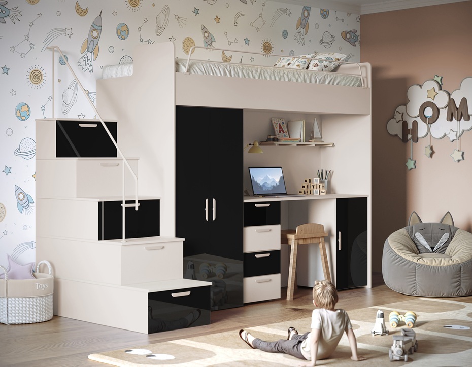 Etagenbett FELIX 4S, Hochglanz Kinderbett, Hochbett, OHNE Matratze und Lattenrost ( Kaschmir + Schwarz, Glanz)