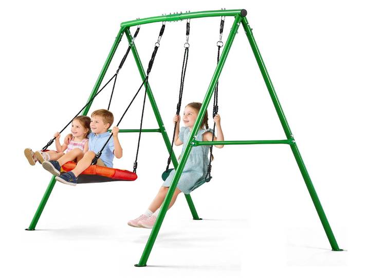Balançoire de jardin VEVOR avec structure métallique en A\, balançoire double (1 siège à assise plate et 1 siège à sangles)\, capacité de charge maximale de 199\,6 kg\, ensemble de balançoire d'extérieur\, renforcé par des ancrages au sol en spirale