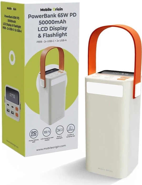 Mobile Origin 50000 mAh TFT Display & Flashlight PowerBank PB18 - 2x USB-C + 2x USB-A