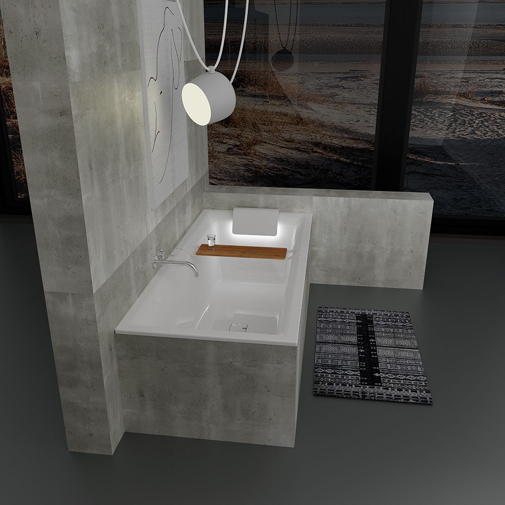 Riho Still Square Rechteck-Badewanne 170 x 75 cm mit Riho Fall, LED-Beleuchtung, Kopfstütze rechts