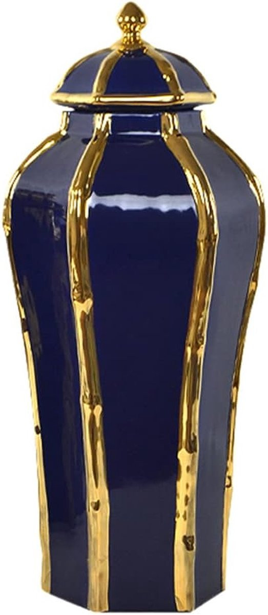 Handgeschilderde blauwe keramische gemberpot bloemenvaas ornament voor woonkamerdecoratie, Hoogte: 46 cm