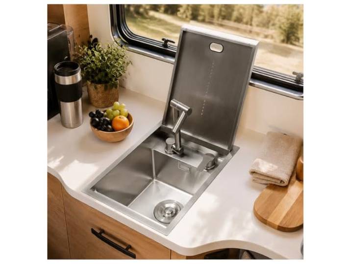 45x35cm Edelstahl Bar Spüle mit Abdeckung, 304 Edelstahl Wohnmobil Spüle mit klappbarer 360° Armatur, Unterbau Spülbecken mit Deckel, Kompakte Einbauspüle für Camping, Bar, Mini-Waschbecken aus Silber