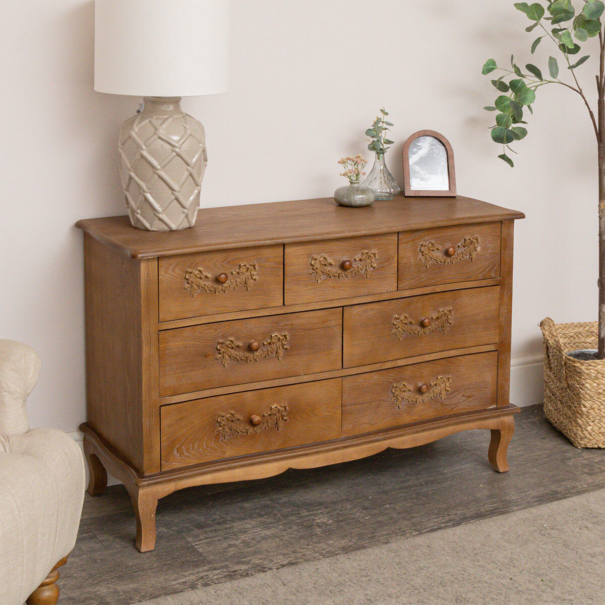 Wooden Dressing Table Set, 7 Drawer Chest of Drawers & Pair of 3 Drawer Bedside Tables - Pays Du Bois Range Wood, Metal