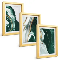 BILDER SET 3er Set - 20x30 cm Goldrahmen - Abstrakte grüne Farbmuster