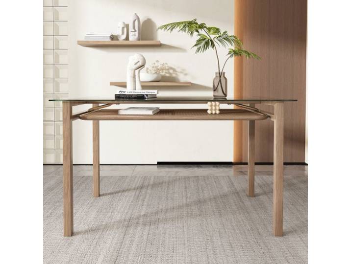 Table manger avec rangement plateau en verre tremp design en rotin rectangulaire beige 1106574cm-HAUSS SPOLE